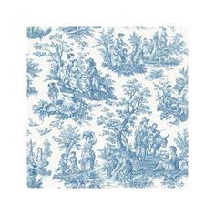 a blue and white toiler wallpaper with people in the woods on it