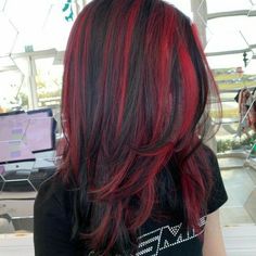 Red Hair Streaks, Black Hair With Red Highlights, Red Hair With Highlights, Black Red Hair