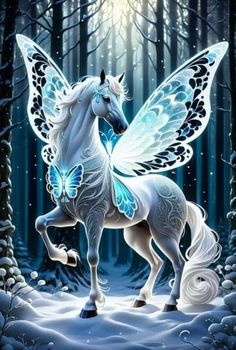 a white horse with blue wings standing in the middle of a forest filled with snow