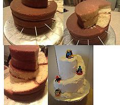 there are four pictures of different cakes on the table