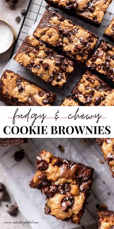 chocolate chip cookie brownies on a cooling rack with text overlay that reads fudge & chewy cookie brownies