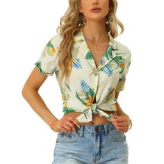 Whether on carnival, festivals, vacation, beach, even at a theme party, you will certainly received many compliments. Lend a touch of charm to your new season wardrobe with this hawaiian tops. This casual blouse is your next vacation essential featuring vibrant tropical print. Perfectly pair it with shorts, jeans, skirt and a sandals to show beach tropical look or casual look! Occasion: Weekend, Beach, Vacation, Theme Party, Summer Party, Trip, Pool Party, etc. Note: This Shirt is a little Loose Casual Tropical Print Button-up Top, Tropical Print Button-up Shirt For Beach Season, Beach Season Floral Print Button-up Hawaiian Shirt, Tropical Button-up Short Sleeve Shirt For Beach, Hawaiian Top, Beach-ready Collared Short Sleeve Shirt With Tropical Print, Women's Button Down Shirt, Tropical Floral, Casual Blouse