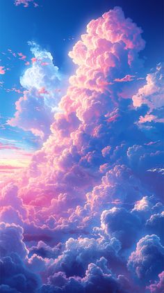 the sky is filled with pink clouds and blue skies