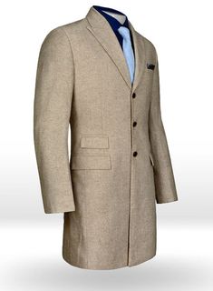 Vintage Herringbone Light Beige Tweed Long Coat with Pocket Flaps. 
 Timeless yet perfectly modern, the Tweed coat is sure to be an essential part of your wardrobe for years to come. Wear over a sharply-tailored suit for formal elegance. 
 
 Look Includes  Vintage Herringbone Light Beige Tweed Fabric  Pocket Flaps  Three Button Jacket  Real Horn Brown Button  Peak Lapel(4"inch wide lapel)  Ticket Pocket  Single Vent  Four Cuff Button   
 You can change the look by changing the options. 
 
 Made Luxury Long Coat Blazer For Office, Beige Wool Coat With Concealed Placket For Business, Beige Single Breasted Tweed Jacket With Notch Lapel, Beige Tweed Jacket With Suit Collar For Business, Tailored Beige Single-breasted Wool Coat, Beige Single-breasted Tweed Jacket With Notch Lapel, Business Tweed Jacket With Hidden Button Closure, Formal Tweed Outerwear With Hidden Button Closure, Beige Single Breasted Wool Coat For Business