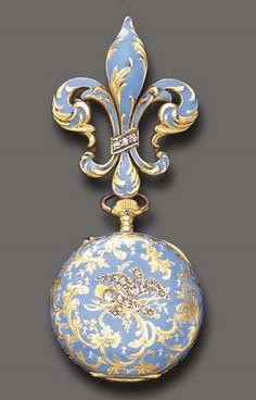 AN ANTIQUE GOLD AND BLUE ENAMEL FOB WATCH, BY LONGINES. With nickel-finished jewelled lever movement, the white circular dial with blue Arabic numerals and gold hands, subsidiary seconds, within an ornately decorated blue enamel case, enhanced by rose-cut diamonds, suspended by a fleur de lys pin of similar design, mounted in 18k gold, circa 1890, with Swiss assay mark. Movement signed Longines; cuvette signed Longines, Grand Prix, Paris 1889; inside case numbered. Gold And Blue, Beautiful Watches, Blue And Gold, Antique Jewellery