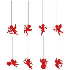 red paper cut angels hanging from strings in the shape of cupidus and cherubs