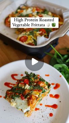 a white plate topped with a slice of vegetable fritta next to a casserole dish