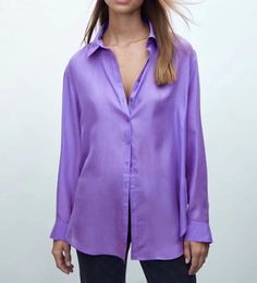 Product Type: ShirtsStyle: CasualFit: LooseFabric: PolyesterPattern: SolidElement: NonTop Length: LongNeckline: CollaredSleeve Type: RegularSleeve Length: Long SleeveMain Composition: Polyester Blouse Korean Style, Striped Shirt Women, Spring Break Outfit, Purple Collar, Early Spring Outfits, Y2k Outfits, Black And White Blouse, Satin Shirt, Womens Long Sleeve Shirts