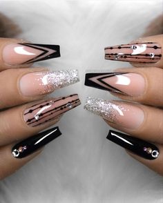 Diy Valentine's Nails, Long Acrylic Nail Designs, Nails Design With Rhinestones, Long Acrylic Nails Coffin, Sparkle Nails, Metallic Nails, Beautiful Nail Designs