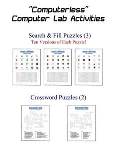 the computer lab activities book is shown in four different styles and sizes, including crossword puzzles