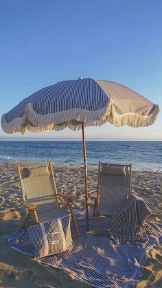 two chairs and an umbrella on the beach