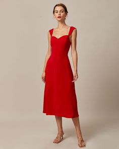 The Red Sweetheart Neck Cap Sleeve Midi Dress - Red Sweetheart Neckline A Line Cap Sleeve Dress - Red - Dresses | RIHOAS Cami Dresses, Tailored Clothes, Short Sleeve Midi Dress, Fall Wedding Guest Dress, Midi Short Sleeve Dress, Mom Dress, Red Midi Dress, Capped Sleeve Dress, Sweetheart Neck