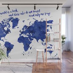 a blue and white world map wall mural