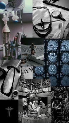 black and white collage with images of medical instruments, brain scan, stethoscopes