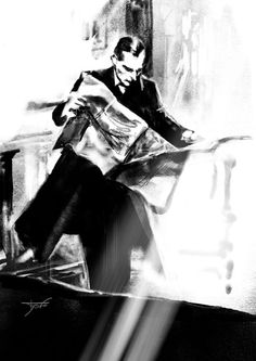 a black and white drawing of a man sitting on a chair reading a newspaper while looking at his cell phone