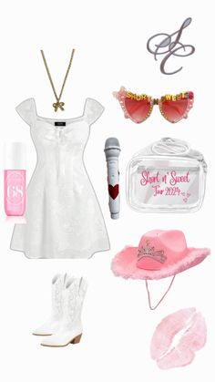 the contents of a white dress, hat, sunglasses and other items are arranged on a white background