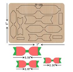 a wooden cutting board with two bows and one bow cut out on the bottom, along with measurements for each piece