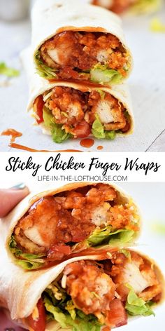 chicken finger wraps with lettuce and tomato sauce on top are shown in two different views