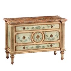 an ornately painted chest with two drawers and one door on the front, sitting against a white background