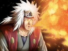 an anime character with white hair and red jacket standing in front of a blazing background