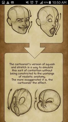 the stages of drawing an animated character's face and head, with instructions for how to