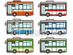 four buses with different colors on them