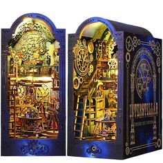 an intricately designed display case is shown in blue and gold colors, with the door open