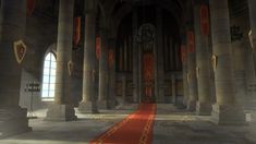 an empty church with columns and a red carpet