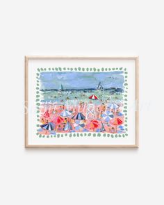 a painting with people on the beach and umbrellas