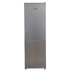 a silver refrigerator freezer sitting on top of a white wall