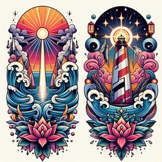 two tattoos with lighthouses and waves in the background, one on top of the other