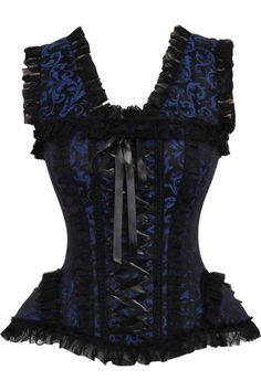 Overbust corset made of high quality brocade and lace fabrics 10 Spiral Steel boned with 2 Flat steel bones Delicate lace detailing Ribbon tie closure at back for cinching Privacy Panel Lined Hand Wash