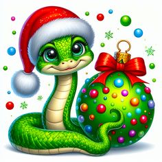 a green snake with a santa hat and christmas ornament on it's back