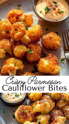 a plate full of cauliflower bites with dipping sauce