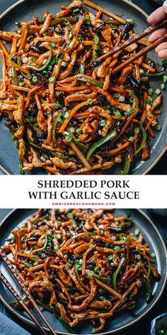 shredded pork with garlic sauce in a pan and on a plate, topped with chopsticks