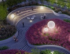 an artist's rendering of a circular garden at night with people walking around it