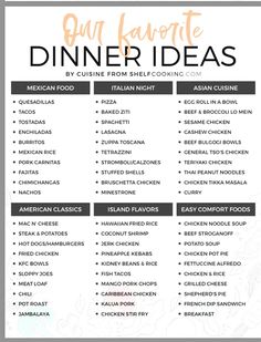 a printable dinner menu with the words, our favorite dinner ideas