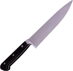 a large knife with black handles on a white background