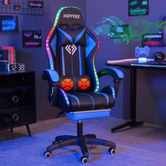 a gaming chair that is sitting in front of a desk with a clock on it