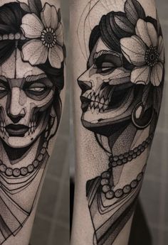 two tattoos on the legs of women with flowers in their hair and skull headdress