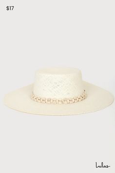 Enjoy the view of the ocean waves with the Lulus Beach Daze Cream Beaded Boater Hat! This cute sun hat is composed of lightweight, woven straw that shapes a boater silhouette with a high crown, flat top, and a wide floppy brim. Smooth wood-look beads accent the band for a vacay feel! 4" soft brim. 23" interior circumference with an internal drawstring. Crown measures 4" tall. 100% Paper. Gentle Wash. Hang Dry. Imported. Lulus | Beach Daze Cream Beaded Boater Hat. Cute Sun, Boater Hat, Hanging Dryer, Woven Paper, Flats Top, Ocean Waves, Sun Hat, The View, Wedding Shop