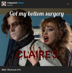 an image of two people dressed as dracula and the caption says, got my bottom surgery all clarie's well i'm proud of it