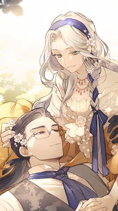 an image of a man and woman with flowers in their hair holding each other's shoulders