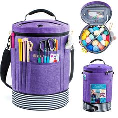 an image of a purple bag with knitting supplies in it