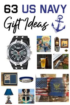 a poster with the words us navy gift ideas on it and pictures of various items