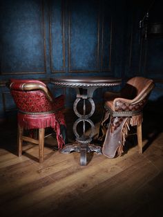 two chairs and a table in a room with blue walls, wood floors and wooden flooring