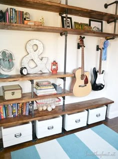 some shelves with guitars and other items on them