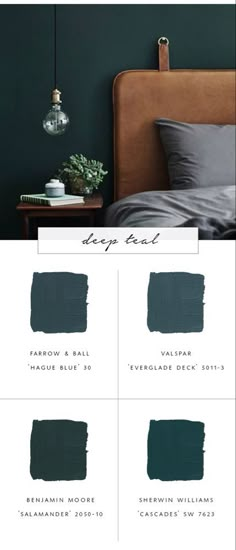 the bedroom is painted in shades of green and dark blue, while the bed has been made