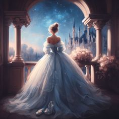 a painting of a woman in a blue dress looking out at the castle from her balcony