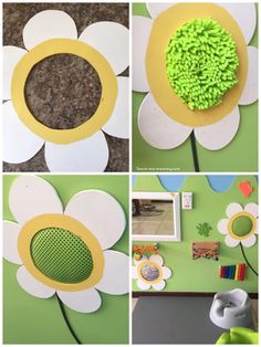 the process of making a flower made out of construction paper is shown in four different stages